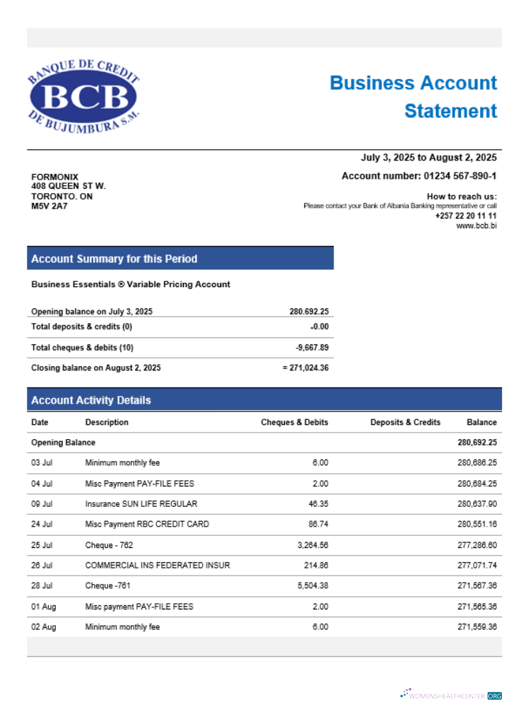 Download Credit Bank of Bujumbura enterprise account statement Word and PDF template Photoshop template
